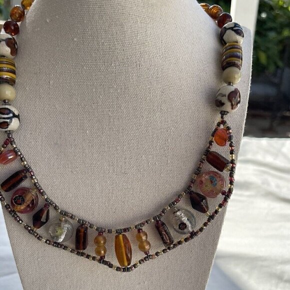 Vintage Amber & Glass Faceted Bead and Porcelain Flower Boho Necklace 21 inches - Picture 4 of 15